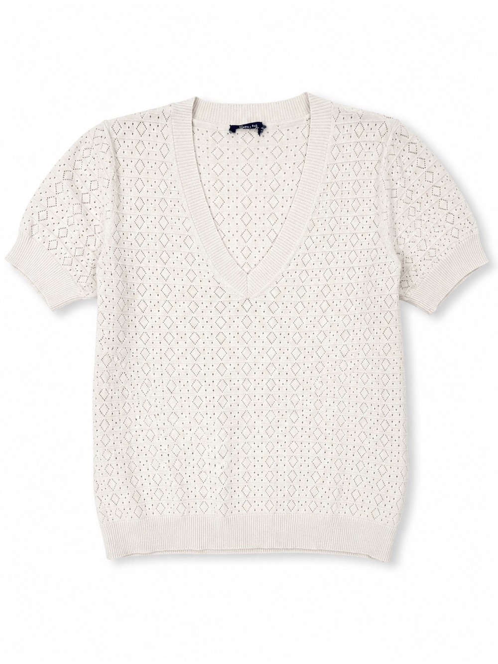 Splendid White Pointelle Knit V Neck Short Sleeve Sweater Women’s S 19x23